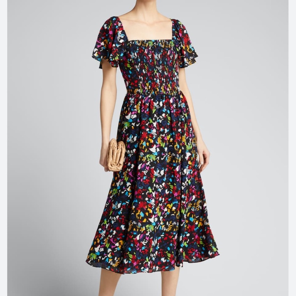 TANYA TAYLOR Glenda Smocked Silk Midi Dress Multicolor Size XS